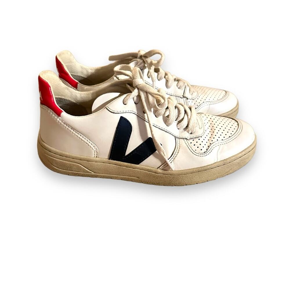 Veja V-10 White, Red &‎ Blue Leather Lace-Up Sneakers Sz 7